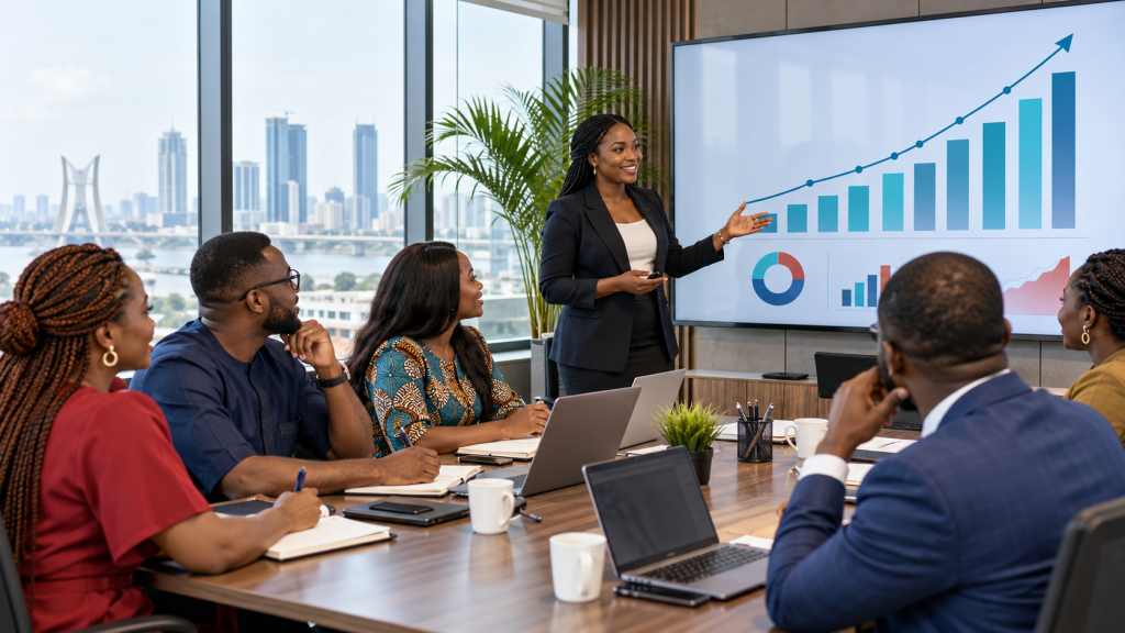Nigerian corporate professionals in a training session reviewing business performance charts