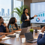 Nigerian corporate professionals in a training session reviewing business performance charts